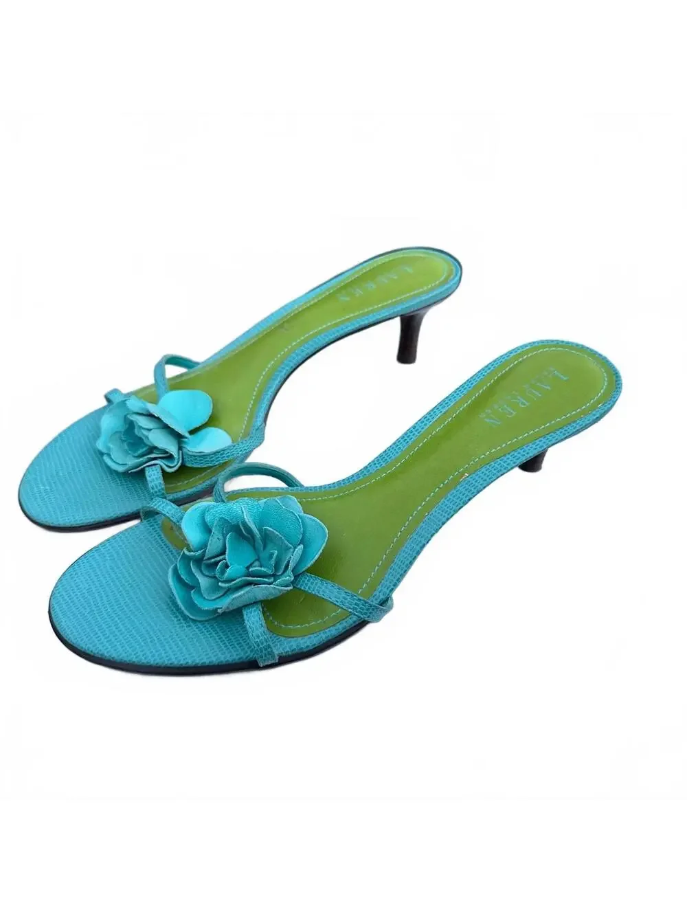 Lauren Ralph Lauren Jasmin 9.5B Blue Floral Applique Kitten Heel Sandals